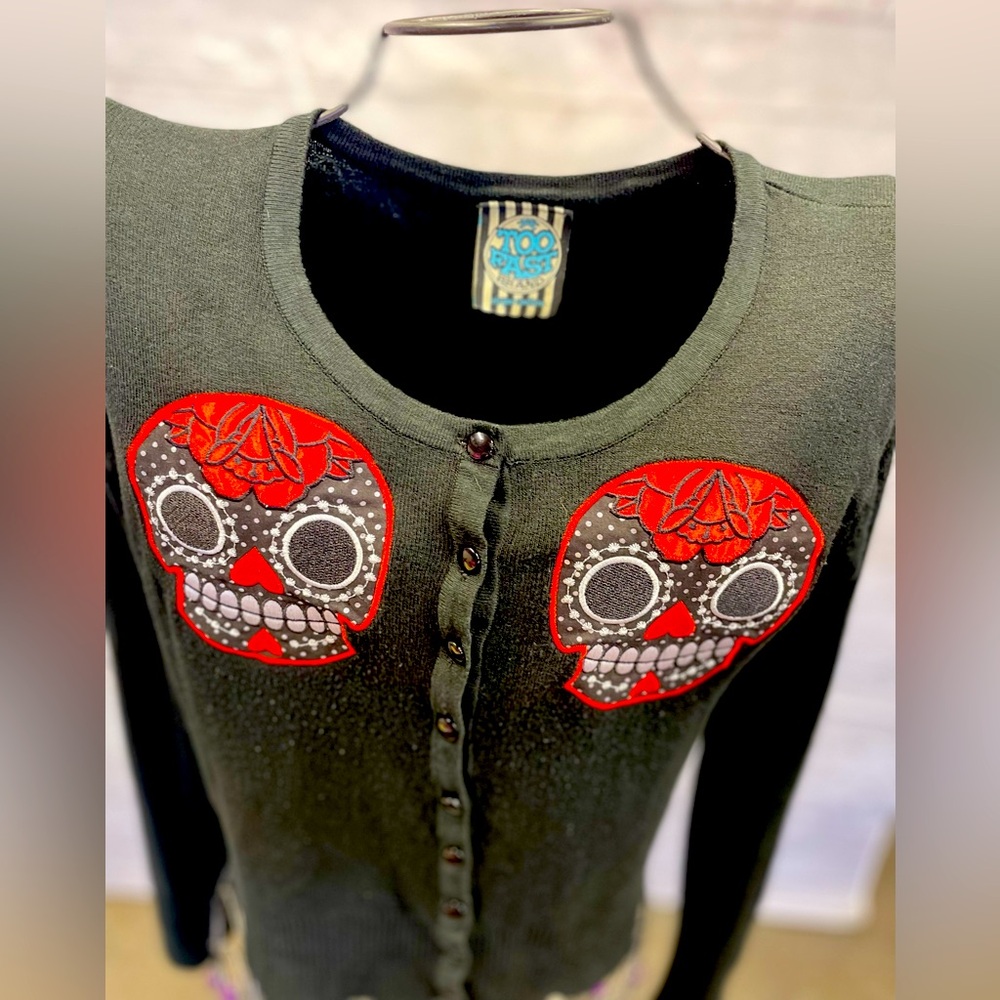 Too Fast Skull Cardigan – Sugar Skull Sweater, Goth Punk, Size M